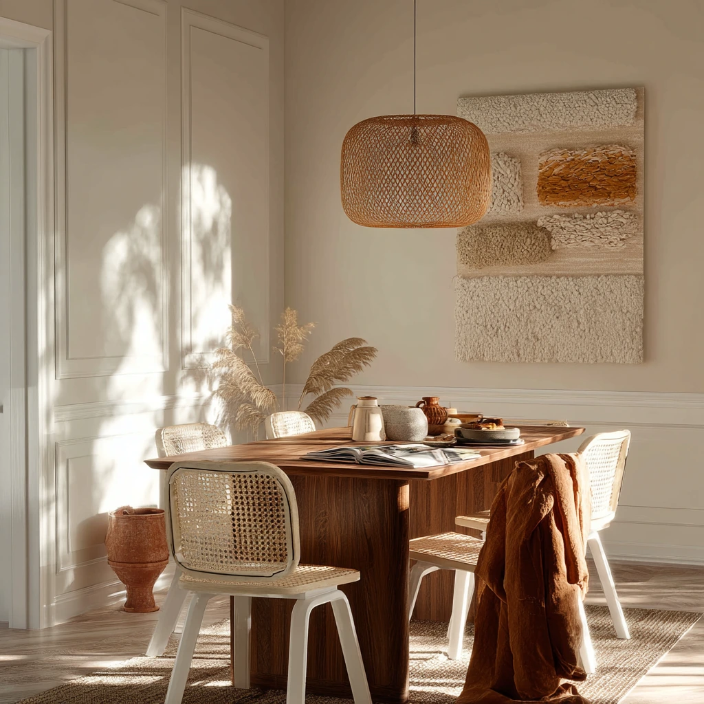 Boho Tan and White Dining Room with Plants