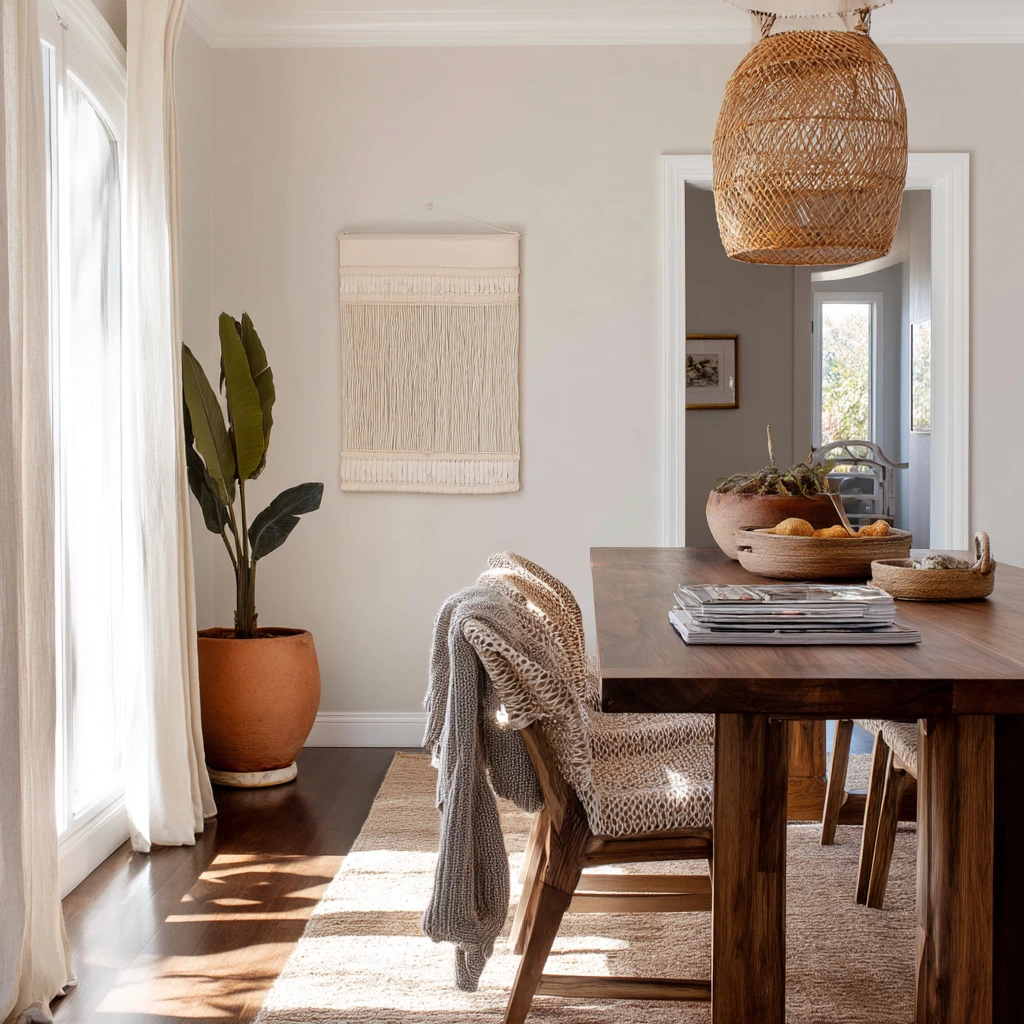 Boho Tan and White Dining Room with Plants