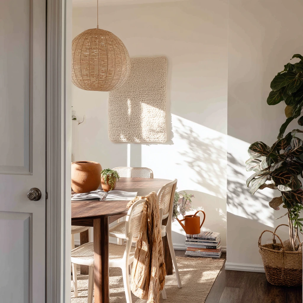 Boho Tan and White Dining Room with Plants