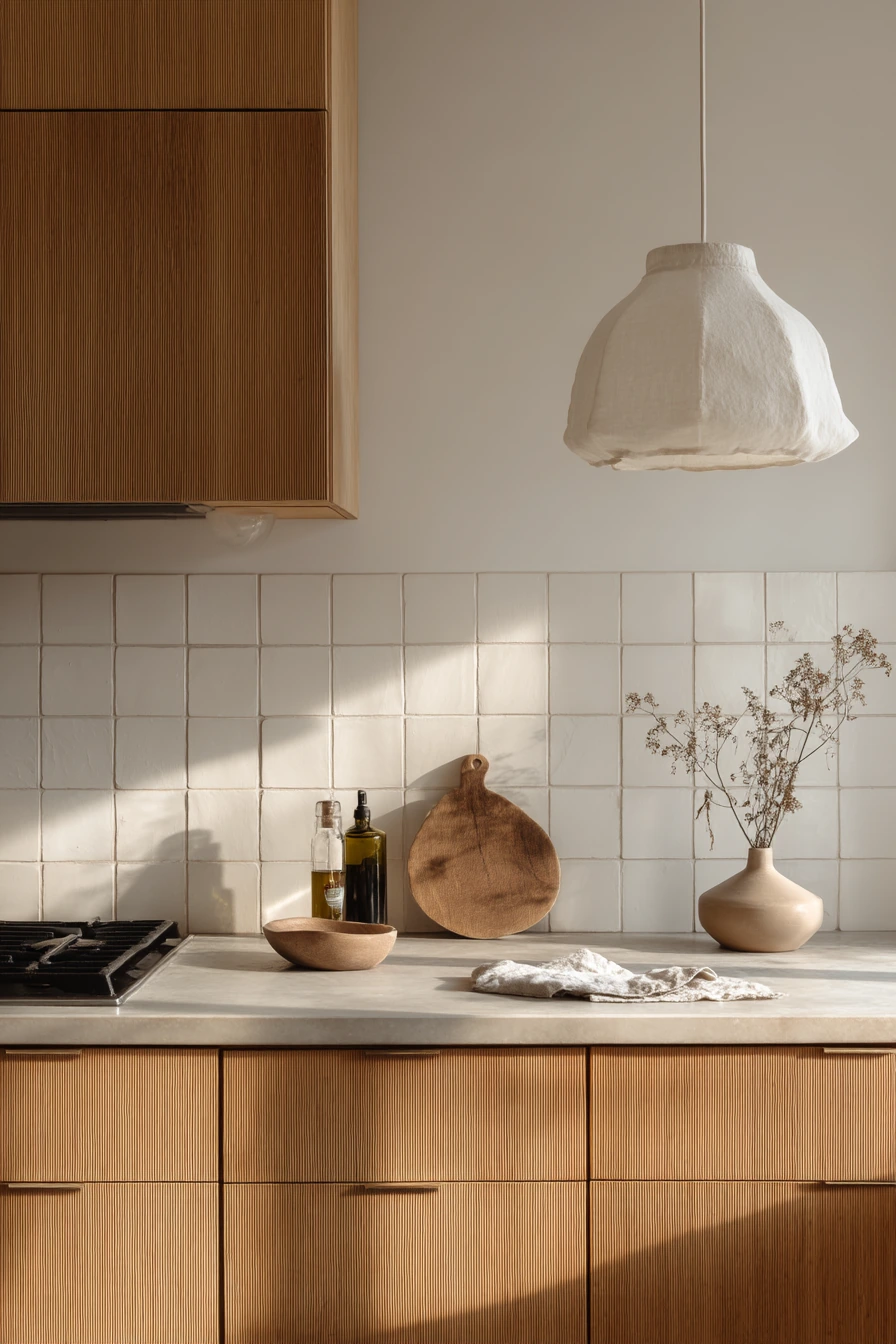 Quiet Minimal Kitchen with Tan Limestone and White Oak