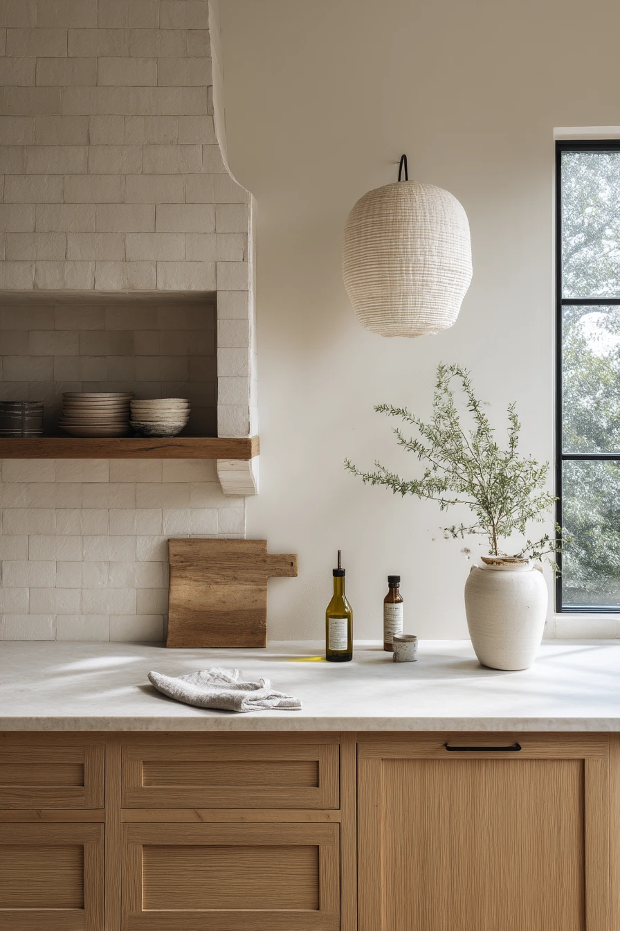Quiet Minimal Kitchen with Tan Limestone and White Oak