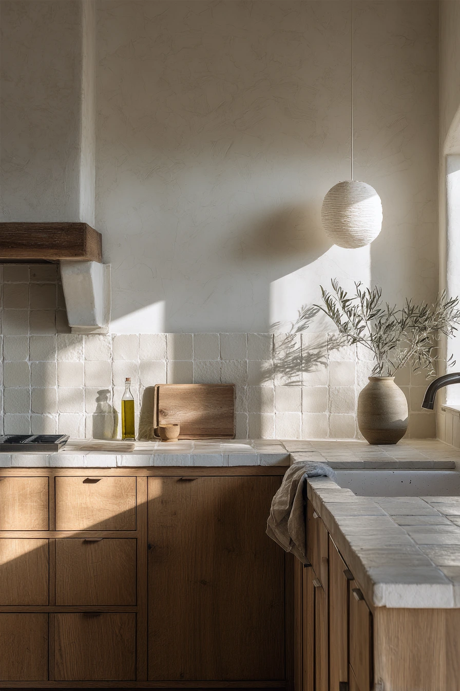 Quiet Minimal Kitchen with Tan Limestone and White Oak