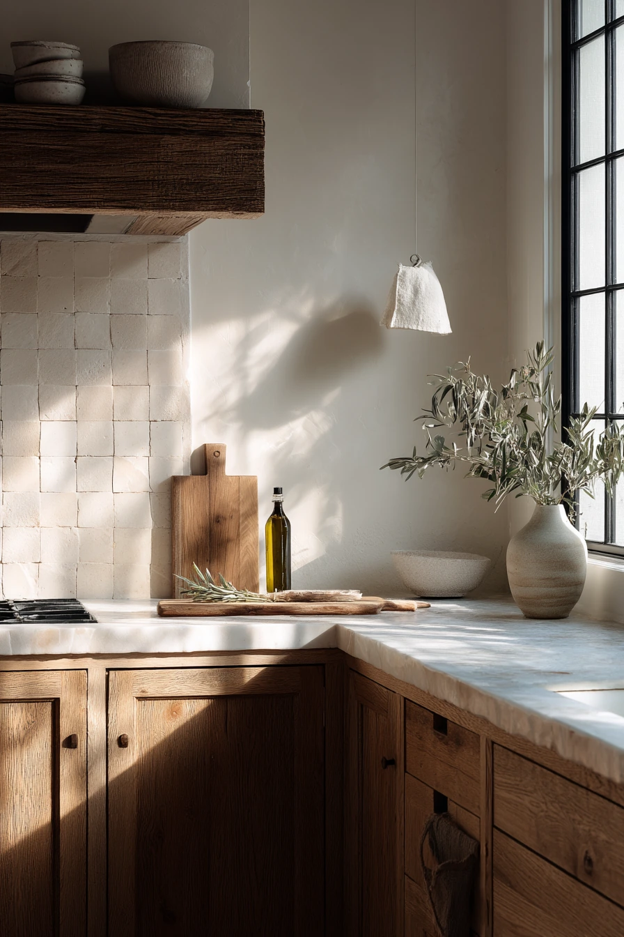 Quiet Minimal Kitchen with Tan Limestone and White Oak