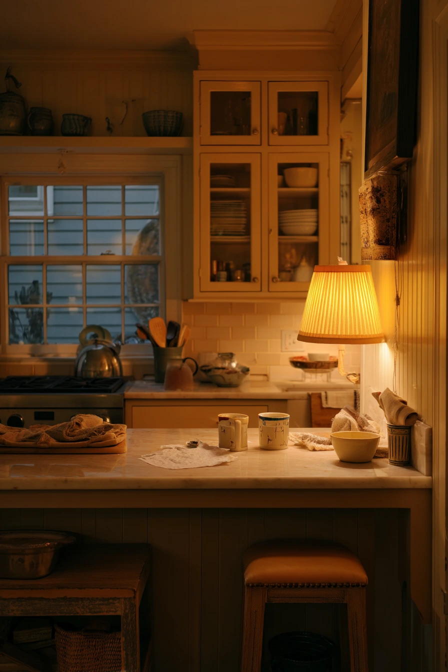 Cozy Evening Kitchen with Lamps and Tan Accents