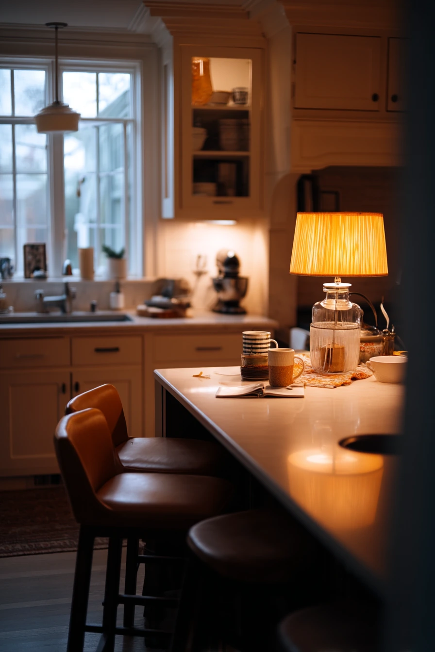 Cozy Evening Kitchen with Lamps and Tan Accents