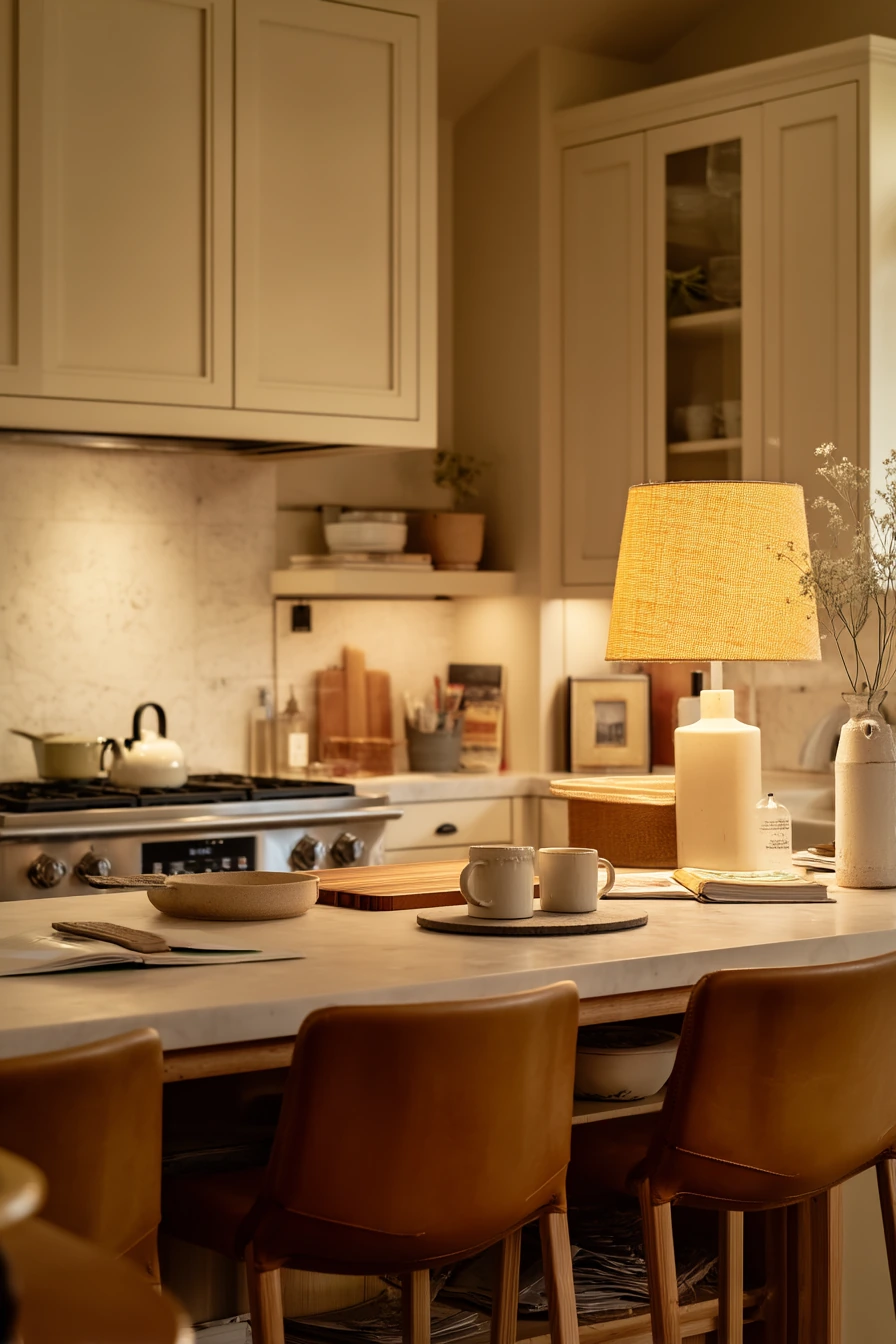 Cozy Evening Kitchen with Lamps and Tan Accents