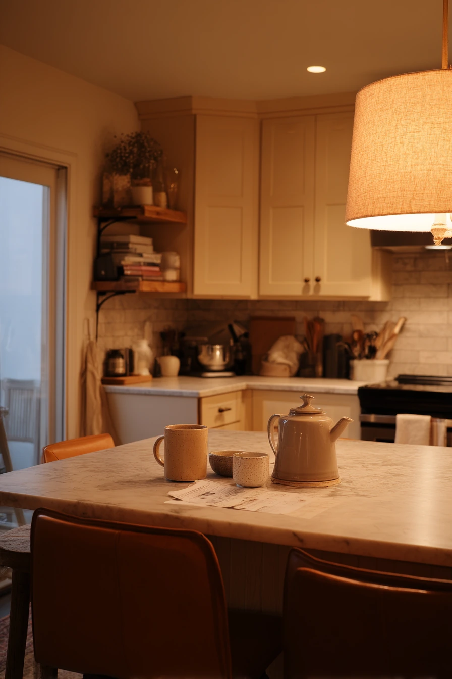 Cozy Evening Kitchen with Lamps and Tan Accents