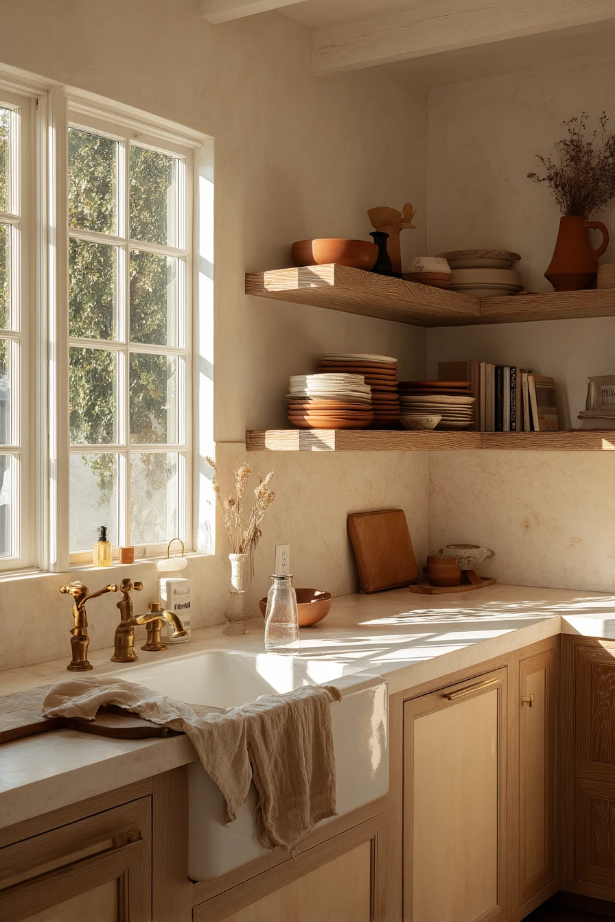 Golden Hour Kitchen with Natural Textures and Open Shelving