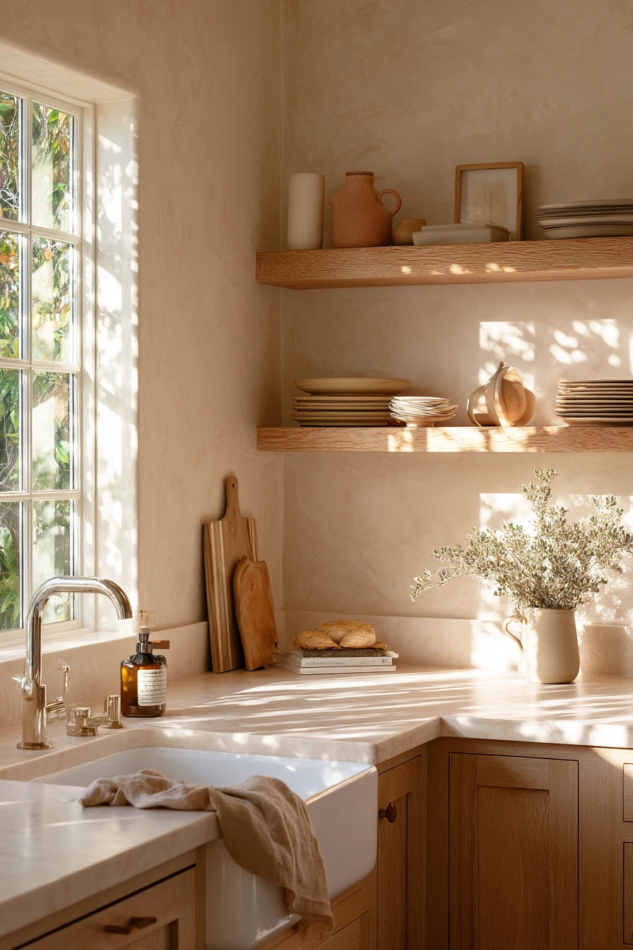 Golden Hour Kitchen with Natural Textures and Open Shelving