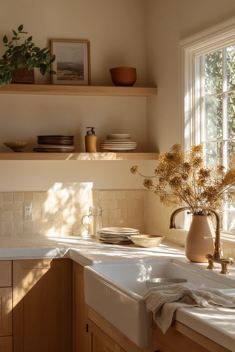 Golden Hour Kitchen with Natural Textures and Open Shelving