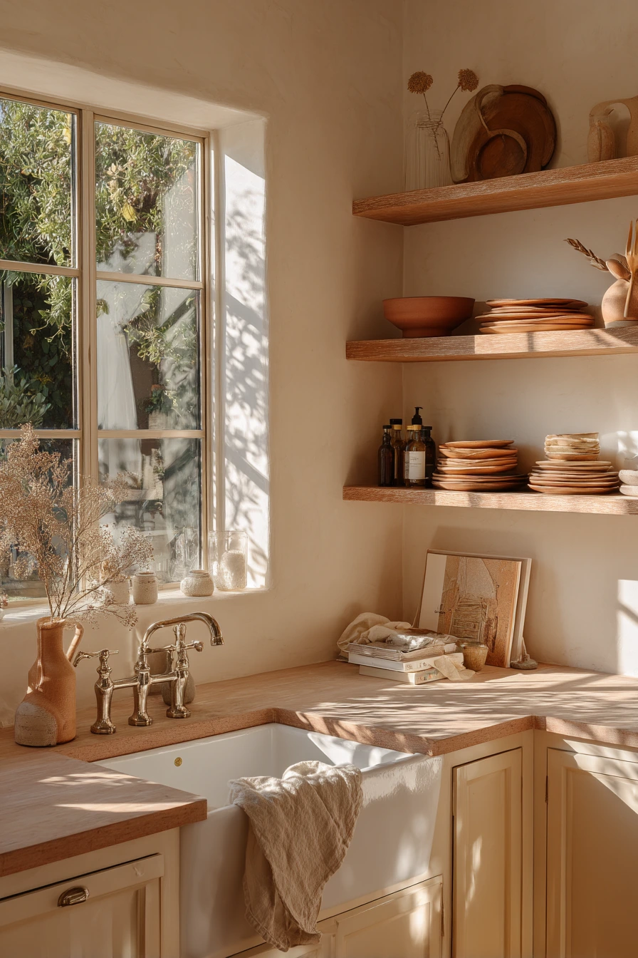 Golden Hour Kitchen with Natural Textures and Open Shelving