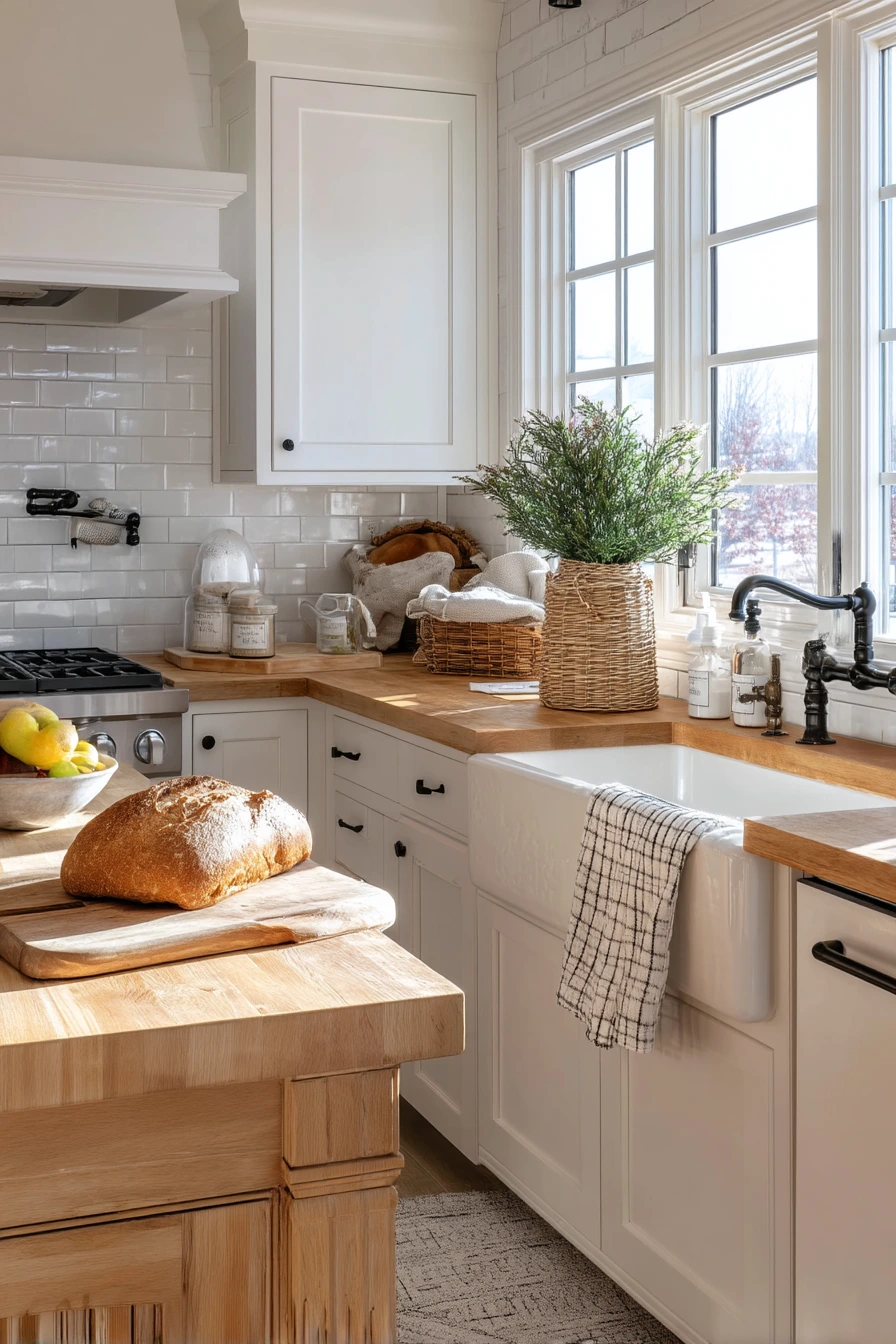 Modern Farmhouse Kitchen with Tan Wood and White Subway Tile