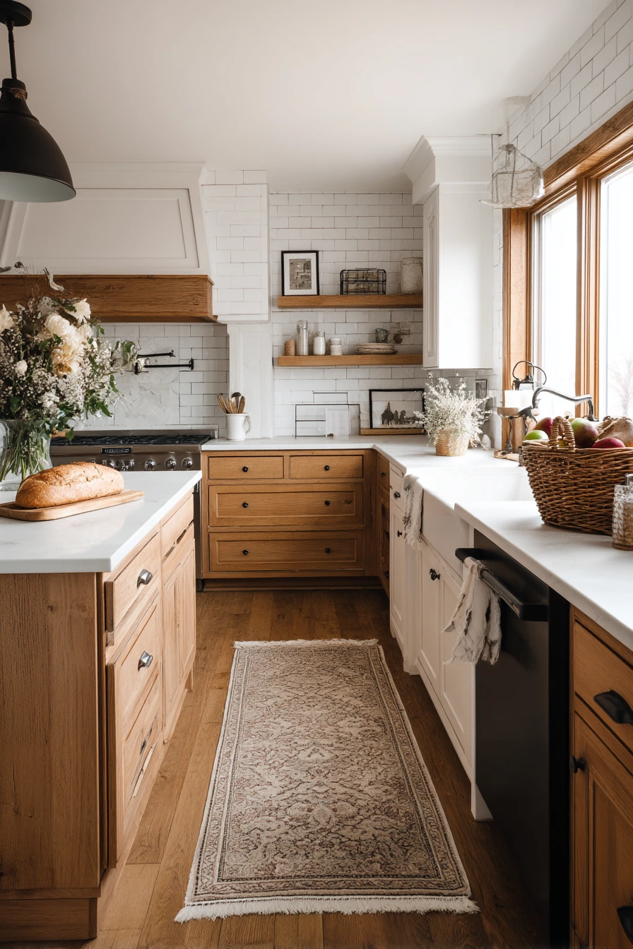 Modern Farmhouse Kitchen with Tan Wood and White Subway Tile