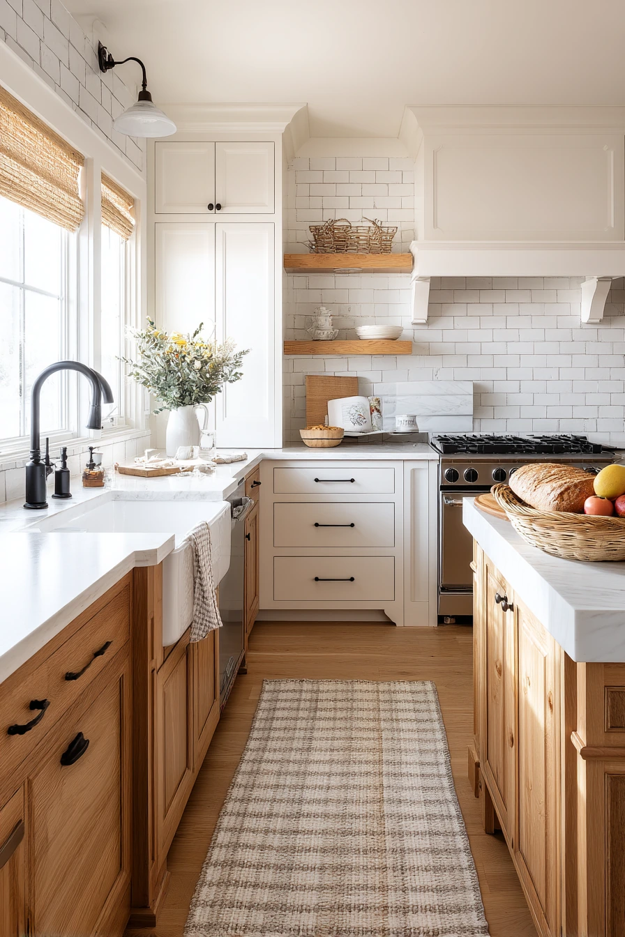 Modern Farmhouse Kitchen with Tan Wood and White Subway Tile