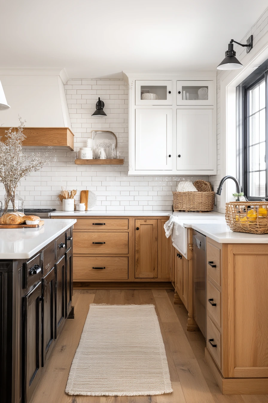 Modern Farmhouse Kitchen with Tan Wood and White Subway Tile