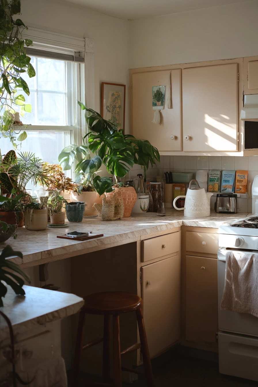 Plant-Filled Kitchen with Tan Cabinetry and White Walls