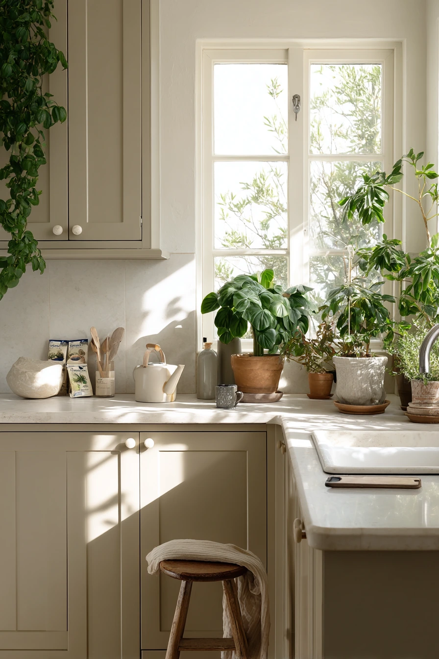 Plant-Filled Kitchen with Tan Cabinetry and White Walls