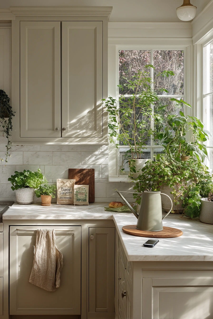 Plant-Filled Kitchen with Tan Cabinetry and White Walls