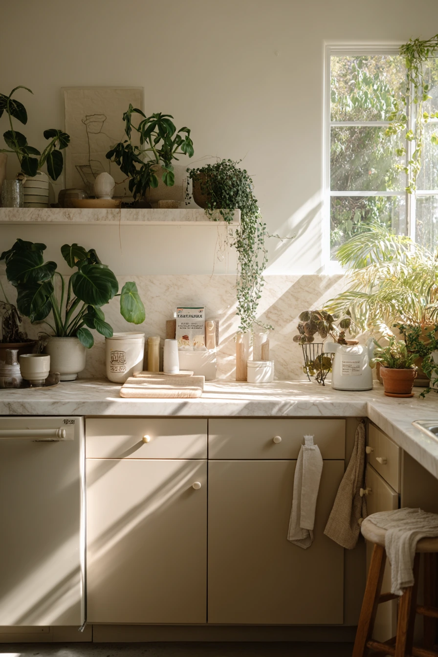 Plant-Filled Kitchen with Tan Cabinetry and White Walls