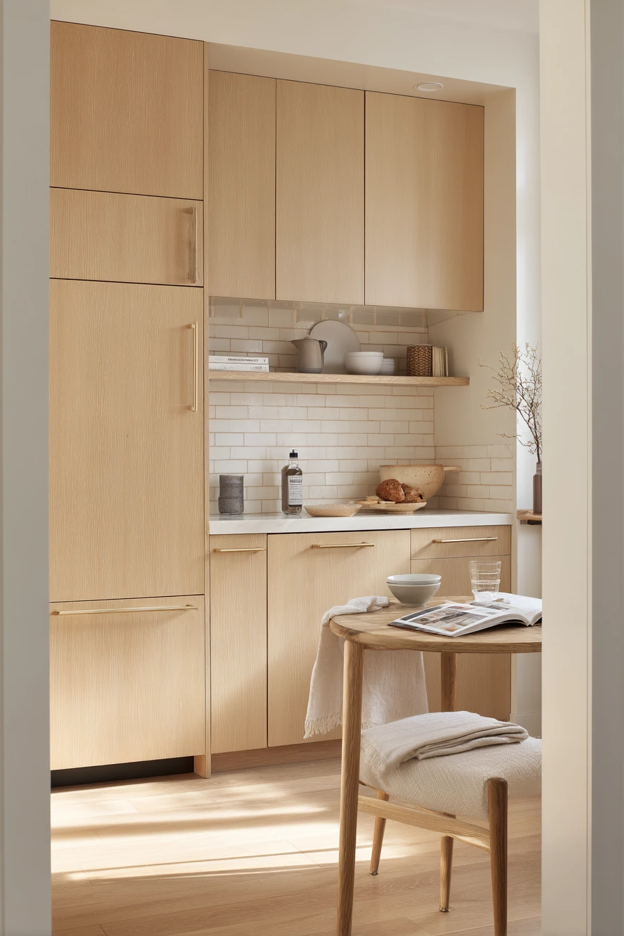 Small Apartment Kitchen with Tan Wood and Crisp White Tile