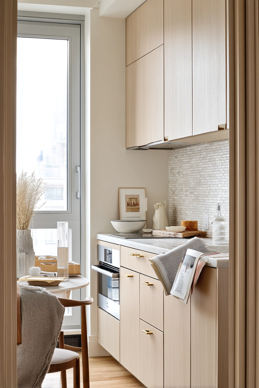 Small Apartment Kitchen with Tan Wood and Crisp White Tile