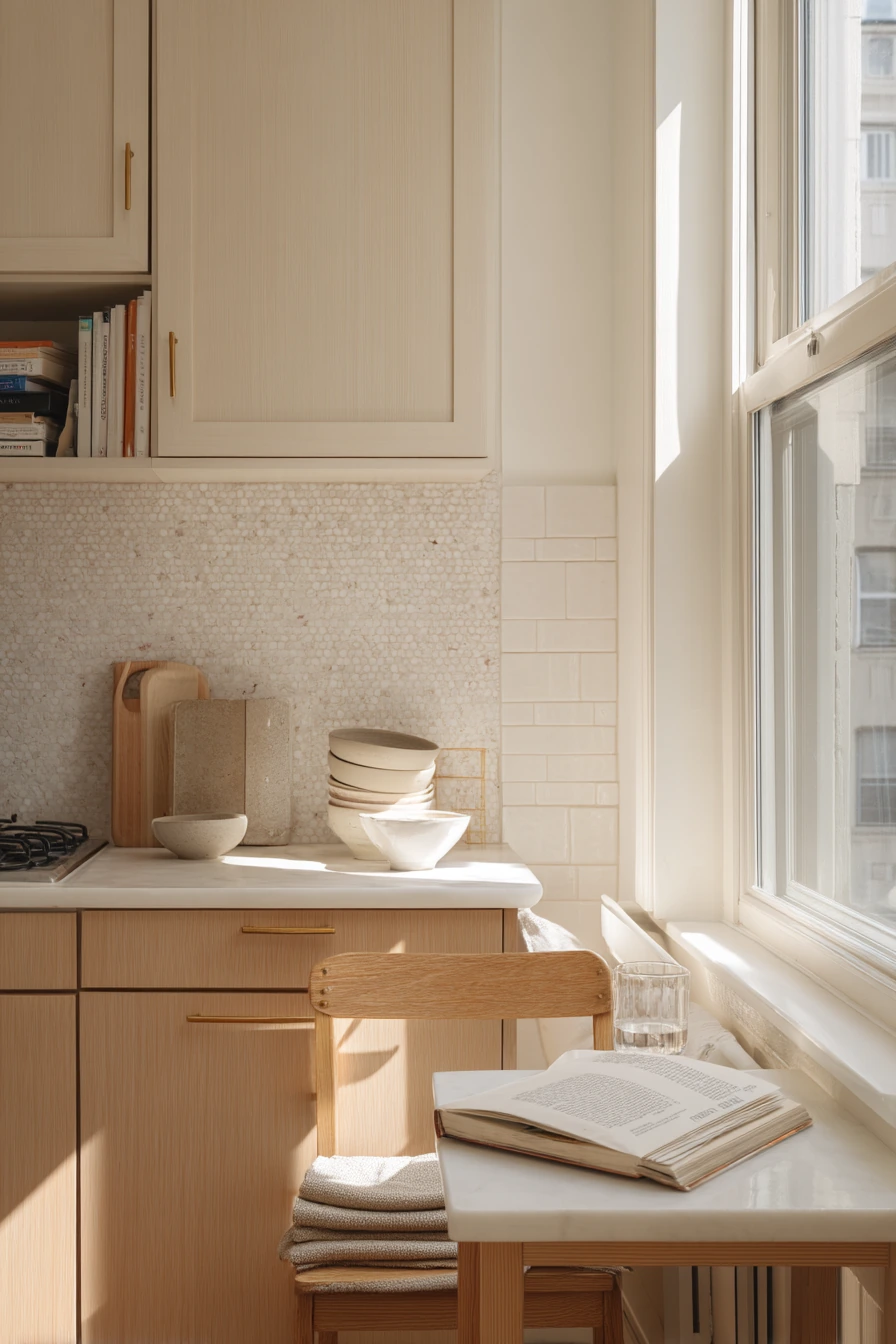 Small Apartment Kitchen with Tan Wood and Crisp White Tile
