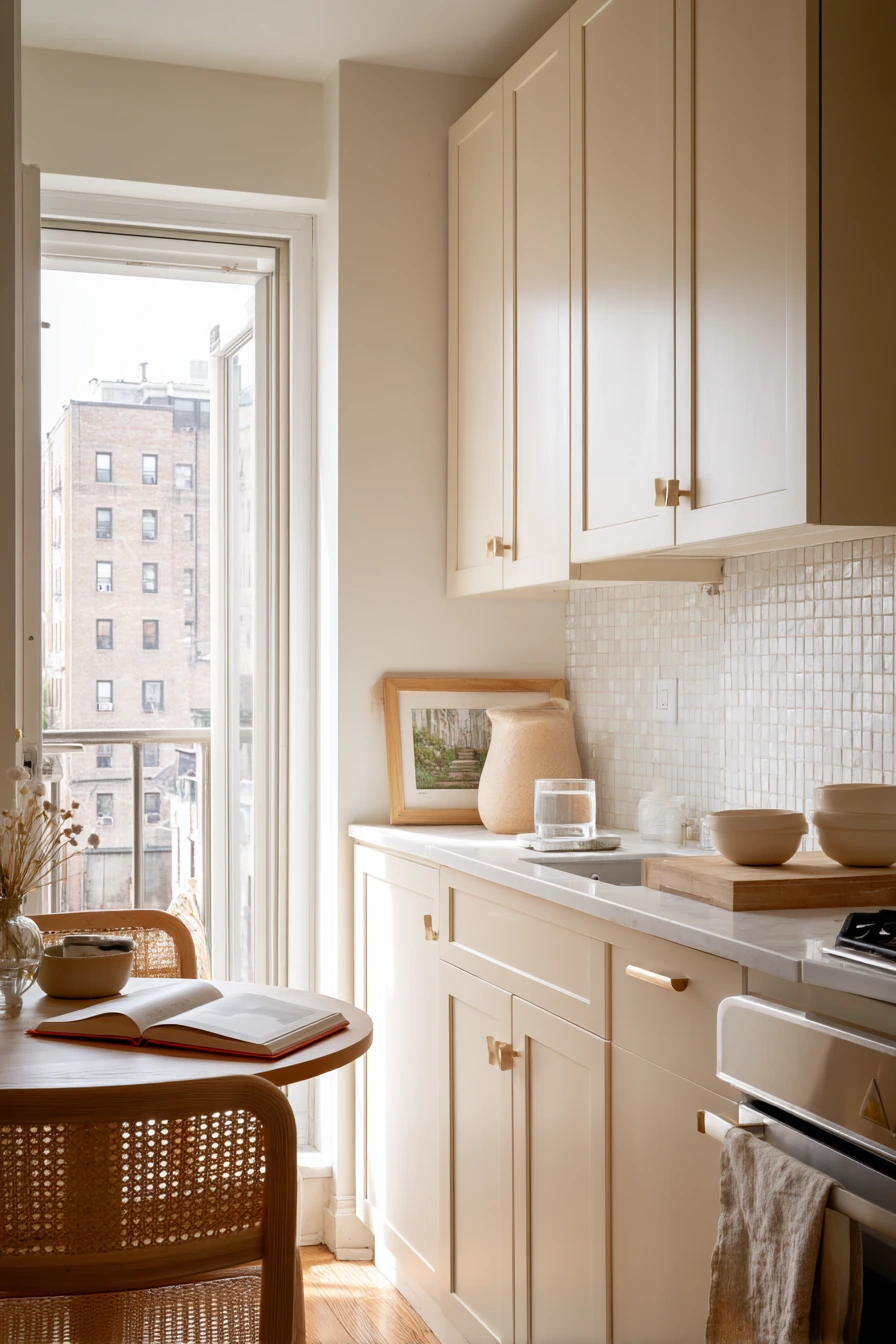 Small Apartment Kitchen with Tan Wood and Crisp White Tile