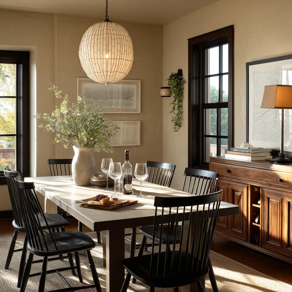 Modern Tan Dining Room with Black Accents