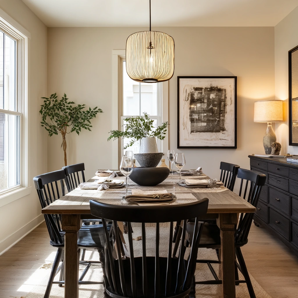 Modern Tan Dining Room with Black Accents