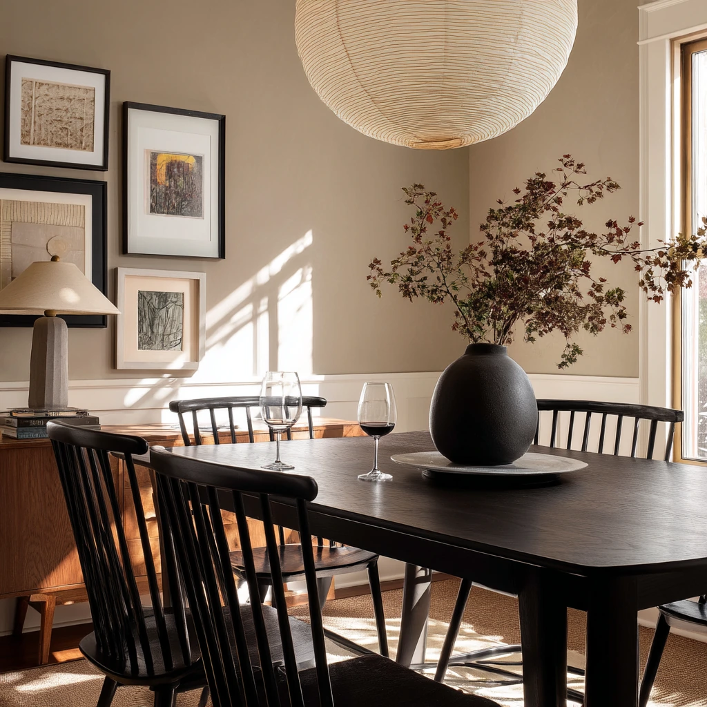 Modern Tan Dining Room with Black Accents