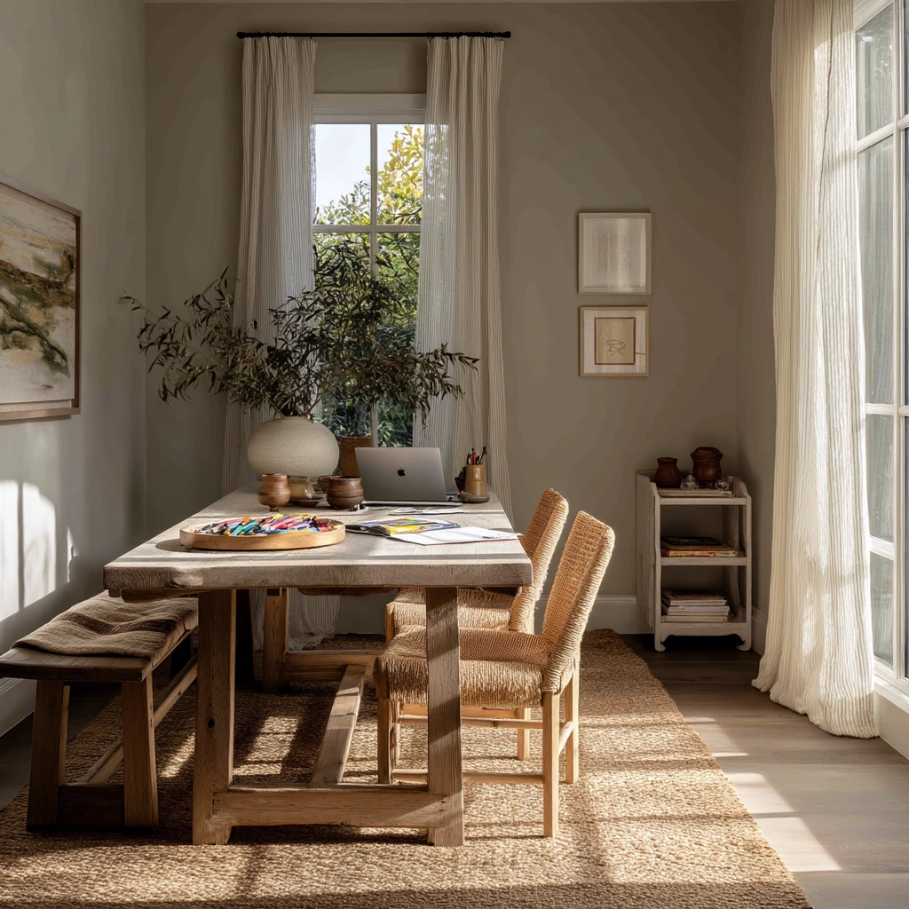 Sunlit Tan Dining Room with Earthy Layers