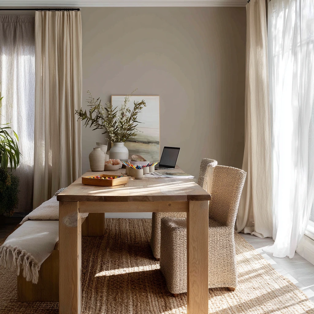 Sunlit Tan Dining Room with Earthy Layers
