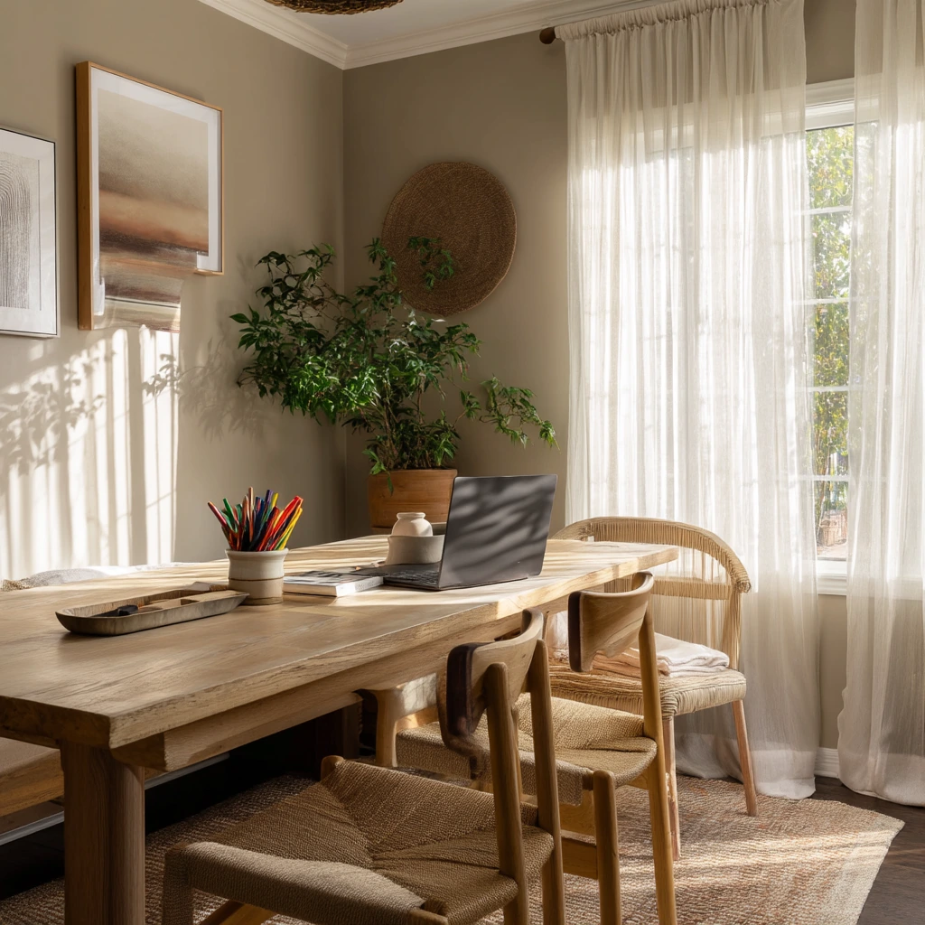 Sunlit Tan Dining Room with Earthy Layers
