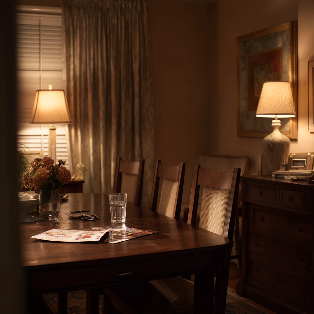 Quiet Tan Dining Room with Evening Lamp Glow