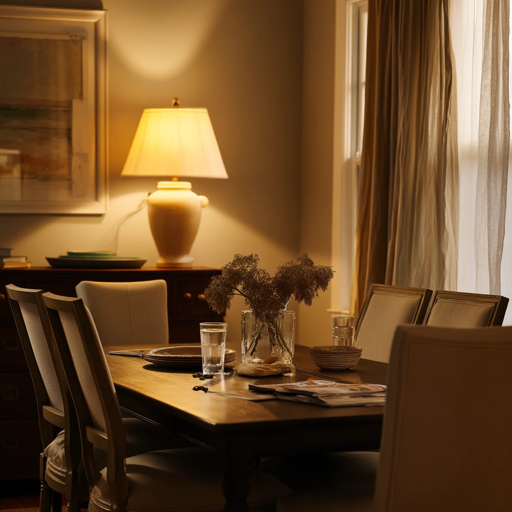 Quiet Tan Dining Room with Evening Lamp Glow