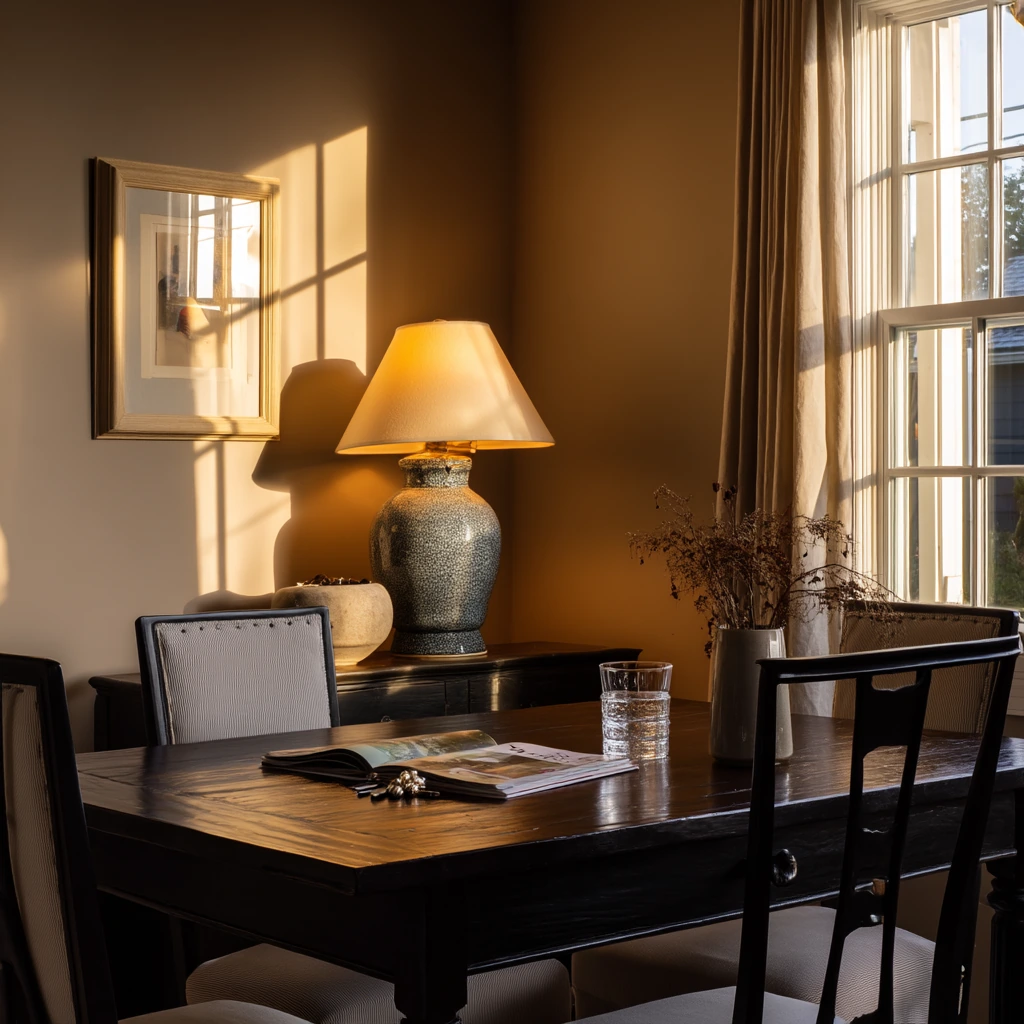 Quiet Tan Dining Room with Evening Lamp Glow