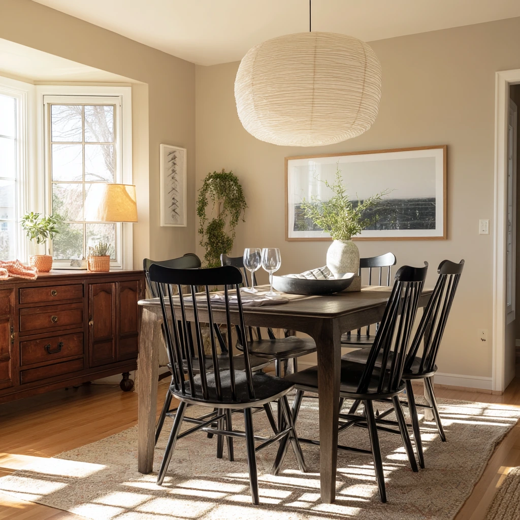 Modern Tan Dining Room with Black Accents