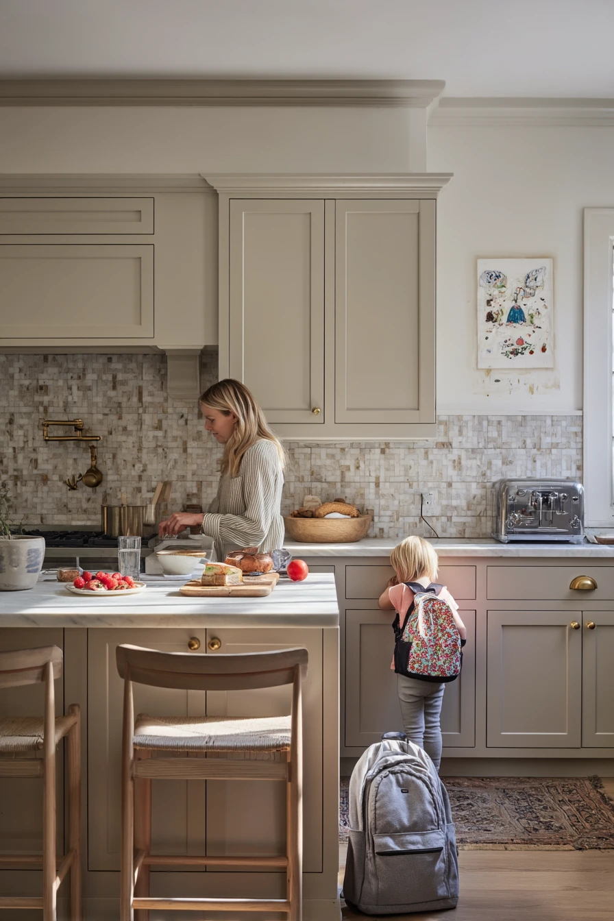 Warm Family Kitchen with Taupe Cabinets