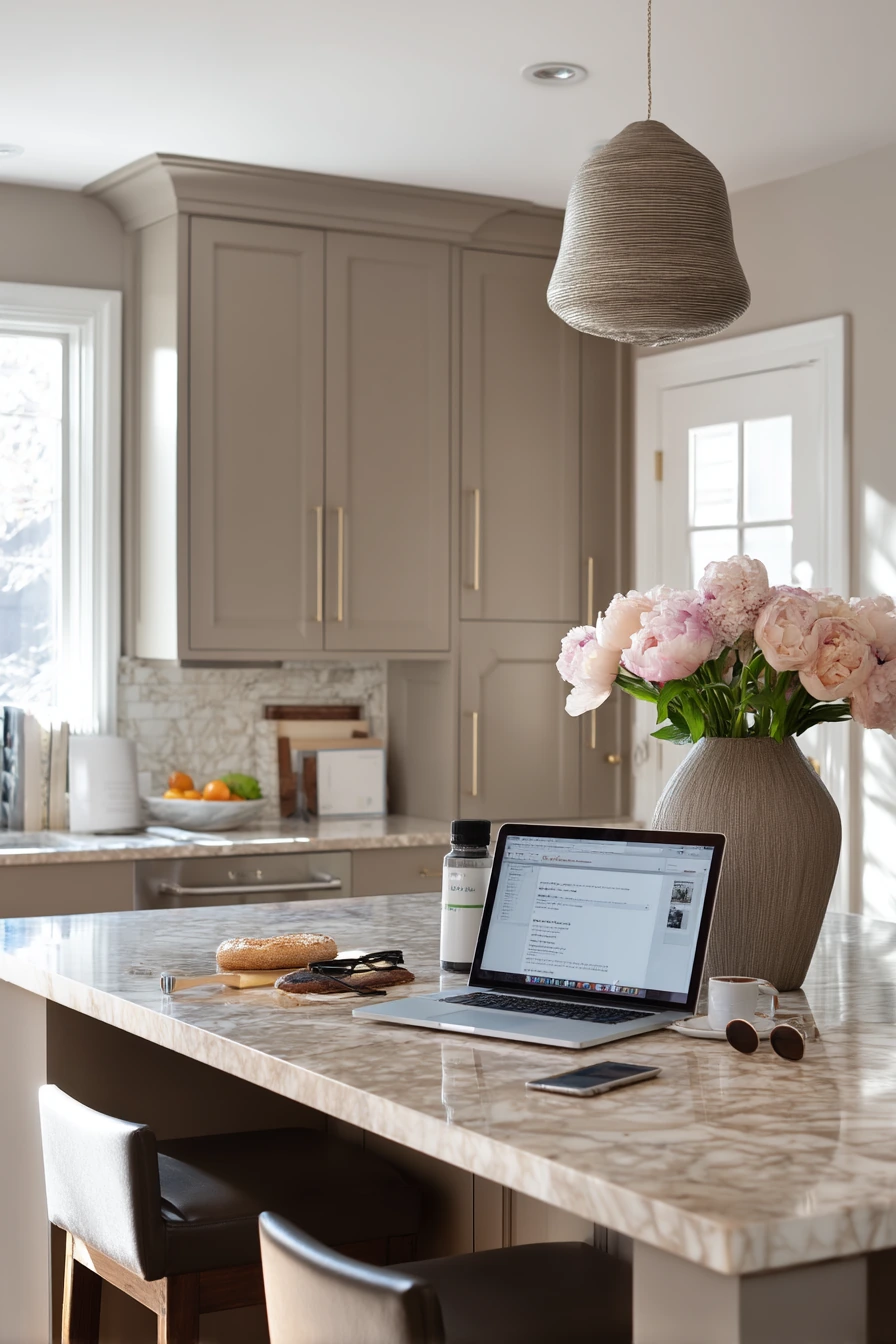 Modern Taupe Kitchen with Stone and Oak