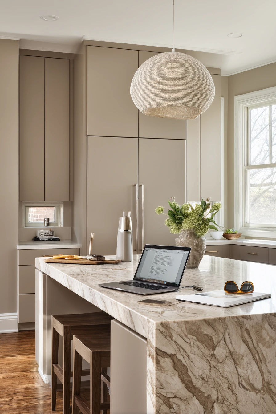 Modern Taupe Kitchen with Stone and Oak