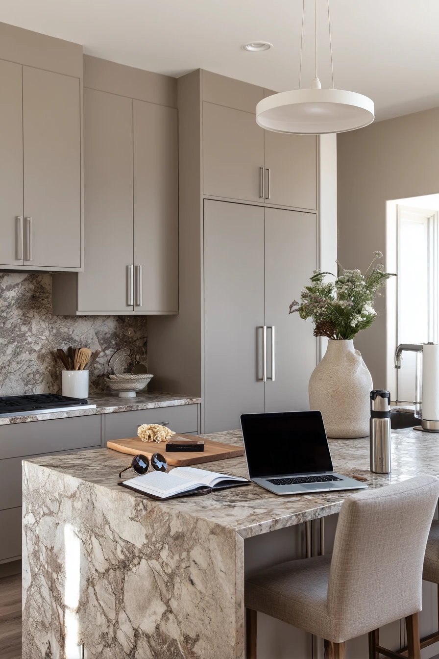 Modern Taupe Kitchen with Stone and Oak