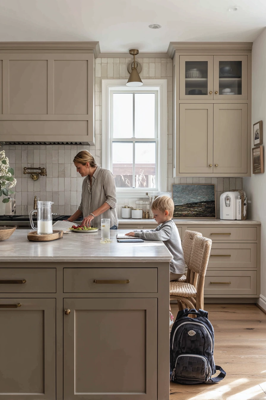 Warm Family Kitchen with Taupe Cabinets