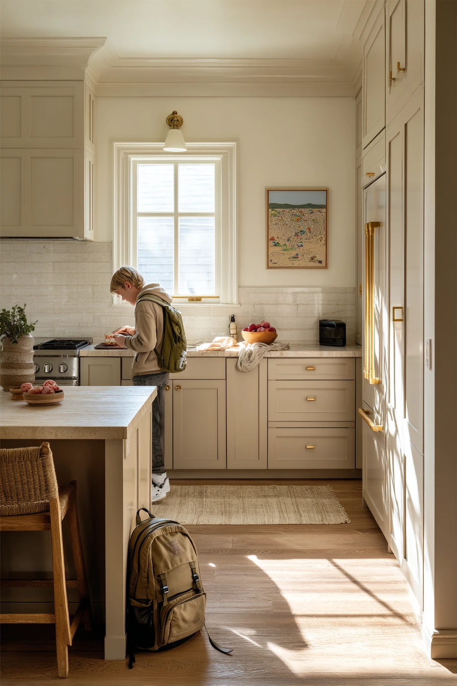 Warm Family Kitchen with Taupe Cabinets