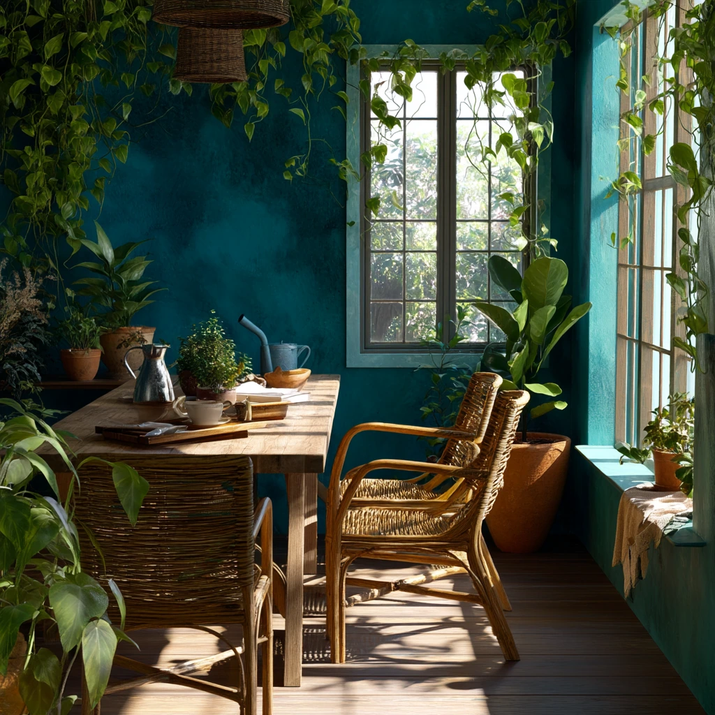 Plant-Filled Teal Dining Room