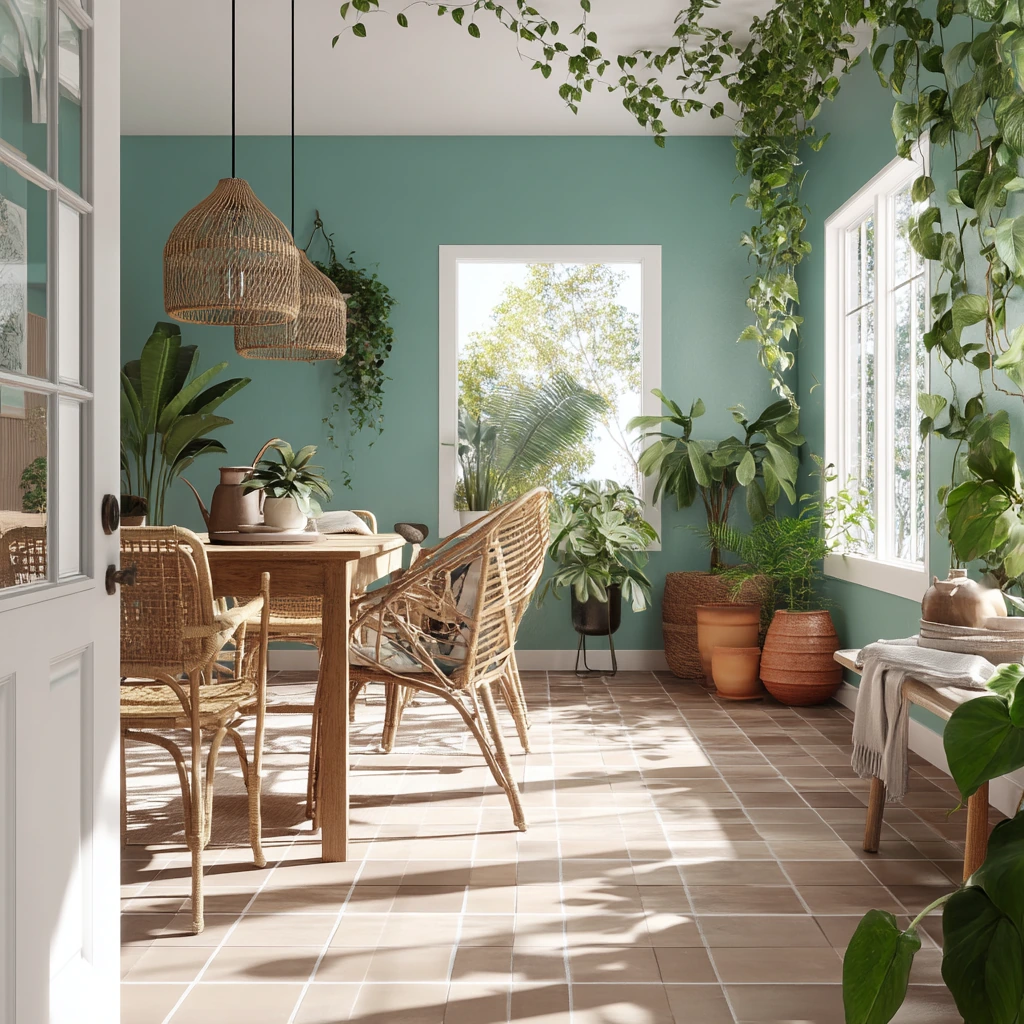 Plant-Filled Teal Dining Room