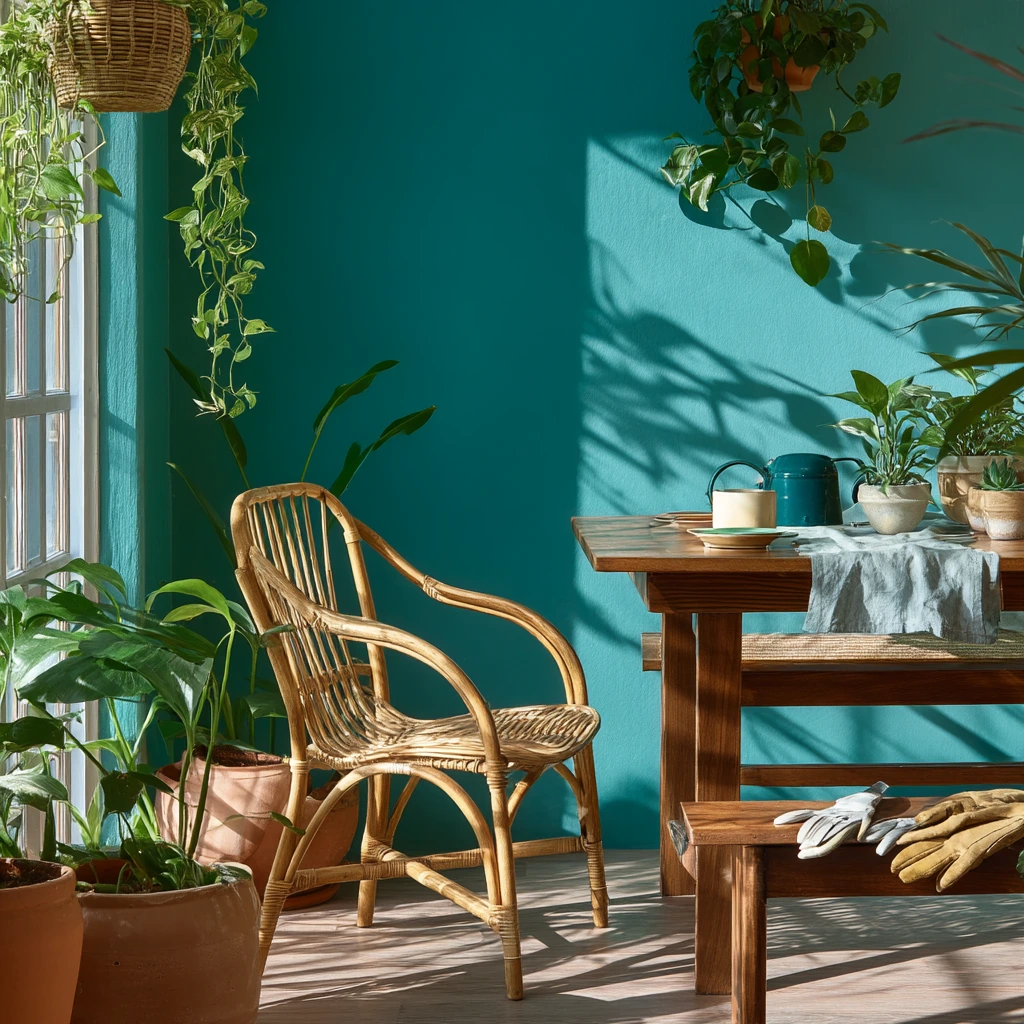 Plant-Filled Teal Dining Room