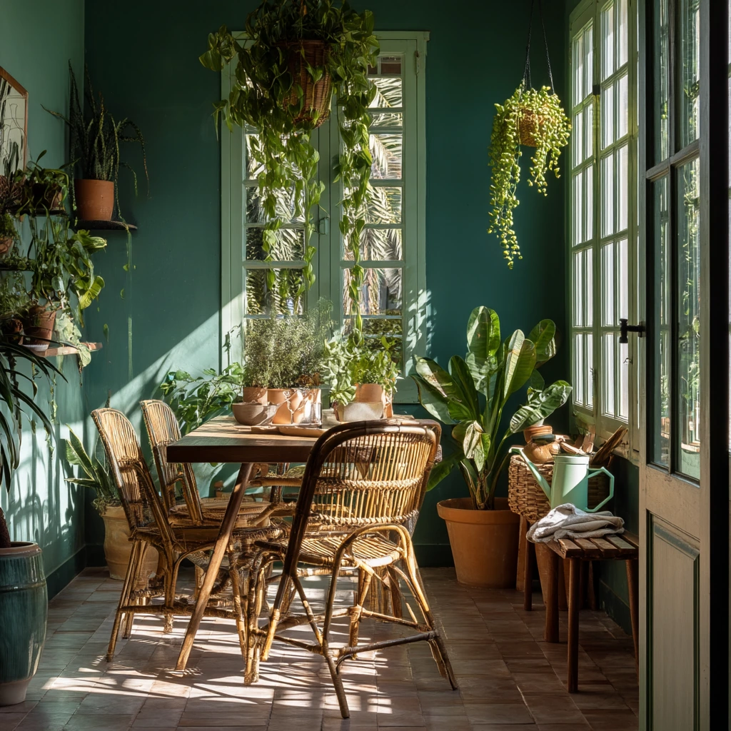 Plant-Filled Teal Dining Room