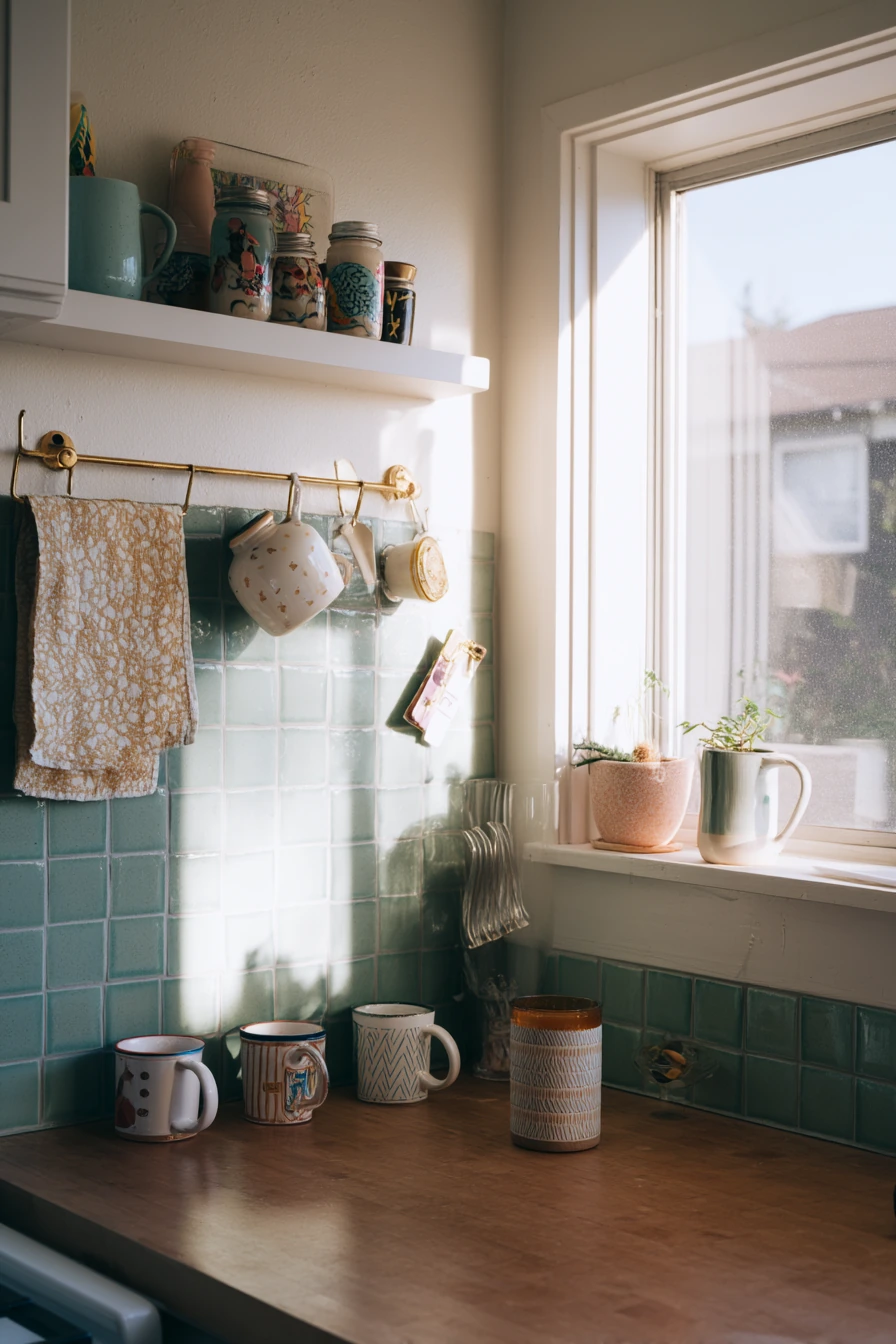 Renter-Friendly Teal Kitchen Decor Layering