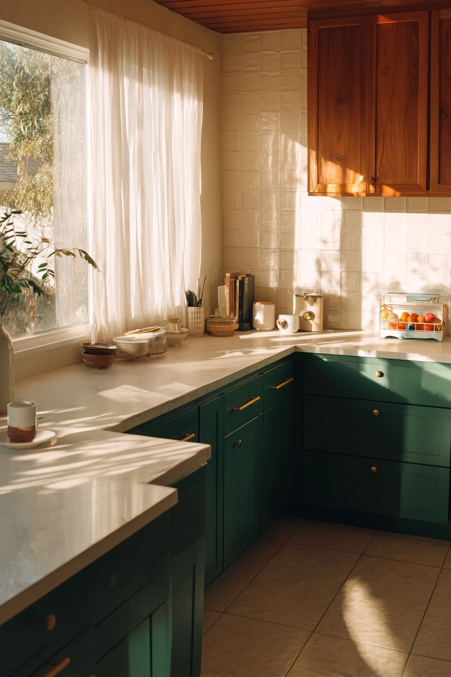 Bright Family Kitchen With Teal Cabinet Accents