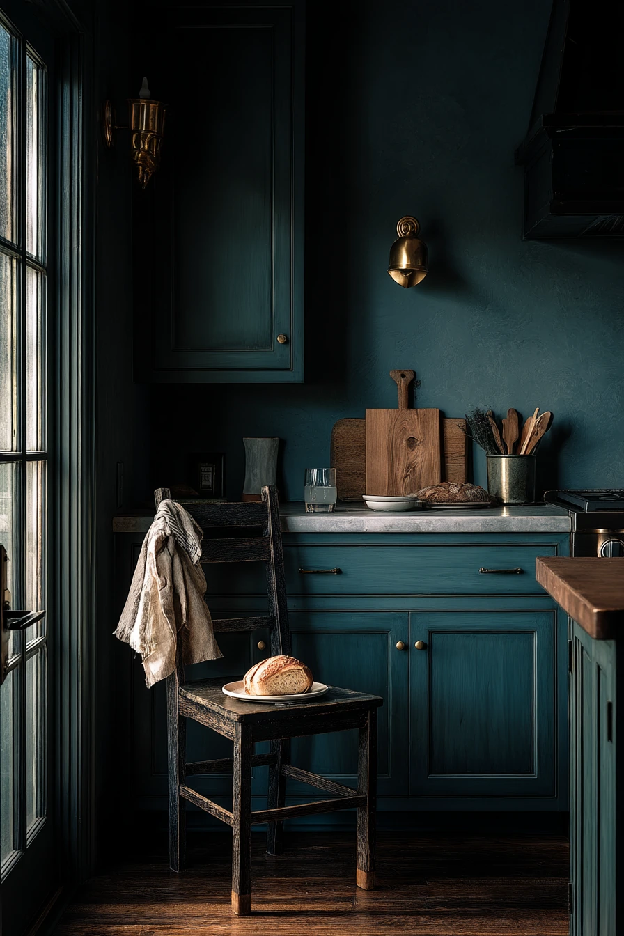 Moody Teal Kitchen at Dusk